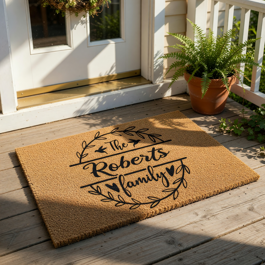 Personalized family name coir doormat featuring a black leaf wreath design with birds and hearts, this custom outdoor welcome mat is a durable natural fiber floor rug for your front porch entrance and home decor entryway.