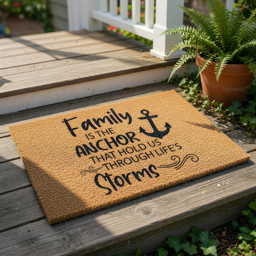 Family anchor doormat with a nautical theme, featuring a natural coir fiber welcome mat printed with black text that reads Family is the anchor that holds us through life's storms, perfect for a front porch or entryway home decor.