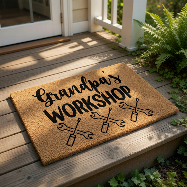 Grandpa's Workshop coir doormat featuring a natural fiber welcome mat design with black text and crossed wrench tool icons, perfect for a garage, shed, or man cave entrance for a handy grandfather who loves DIY home projects.