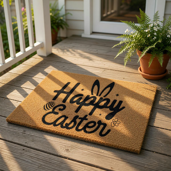 Happy Easter coir doormat with black text and bunny ears design, this natural fiber welcome mat is a festive spring front porch decor piece for your home entry, featuring a durable outdoor rug style for seasonal holiday greetings.