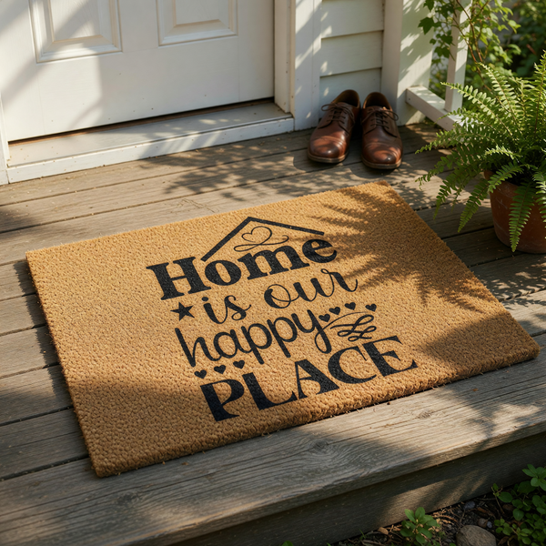 Home is our happy place coir doormat with black text and house icon, a natural fiber welcome mat for front porch entryways that adds a warm, inviting touch to your home decor and makes a great housewarming gift for new homeowners.