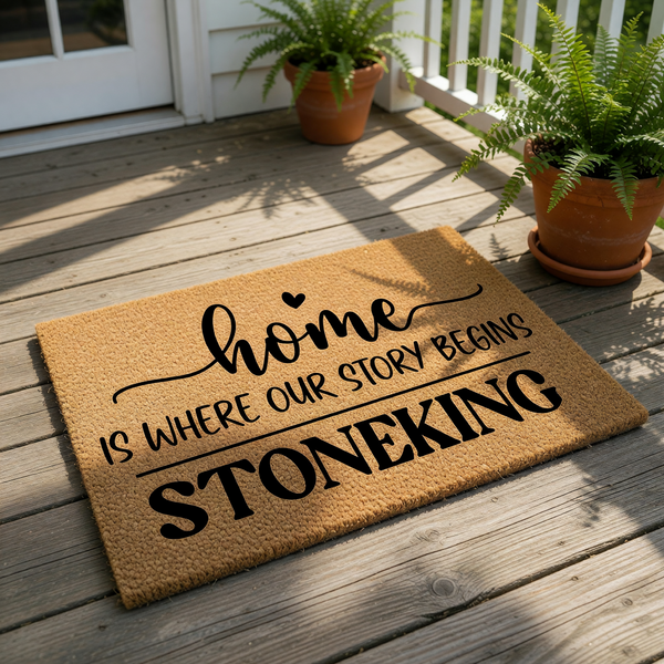 Personalized family name coir doormat featuring the text home is where our story begins, this durable natural fiber welcome mat is a custom housewarming gift for new homeowners looking for a stylish front porch decor entry rug.