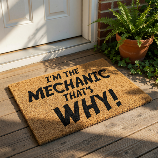 Mechanic doormat with funny quote I am the mechanic that is why printed in bold black text on a natural coir fiber welcome mat, perfect for a garage entrance or a home front door for any car repair professional or auto technician.
