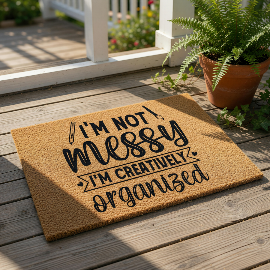 Funny artist doormat with the text I am not messy I am creatively organized, featuring a pencil and paintbrush icon on a natural coir fiber welcome mat for a craft room, studio, or home office entrance with a durable non-slip