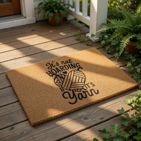 Yarn lover doormat featuring a funny quote about hoarding yarn with a heart-shaped ball of yarn design, this natural coir welcome mat is a humorous front porch decor piece for knitters, crocheters, and fiber arts hobbyists