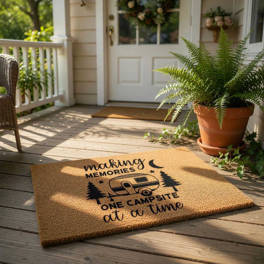 Camping doormat with a travel trailer, pine trees, and moon design, featuring the text making memories one campsite at a time on a natural coir fiber welcome mat for outdoor entryways, campers, and recreational vehicle decor.