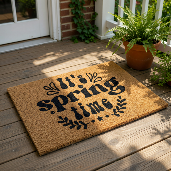 Springtime coir doormat with black text reading It's spring time, featuring a retro font and floral leaf accents on a natural fiber welcome mat, perfect for seasonal front porch decor and outdoor entryway floor mat styling.