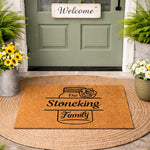 Personalized family name doormat featuring a mason jar and rose design on natural coir fiber, this custom welcome mat serves as a stylish front porch decor piece for housewarming or wedding entryways to greet guests at your home.