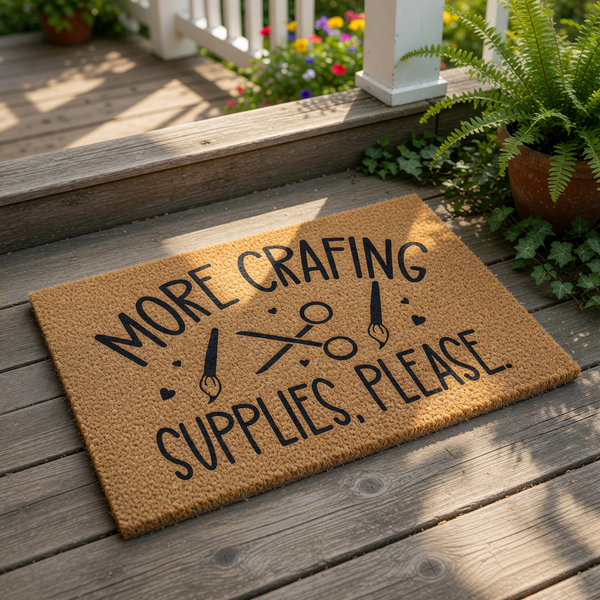 Crafting room doormat with More Crafting Supplies Please text and scissors icon, this natural coir fiber welcome mat is a funny entryway rug for crafters, hobbyists, and artists looking for unique home decor for their creative