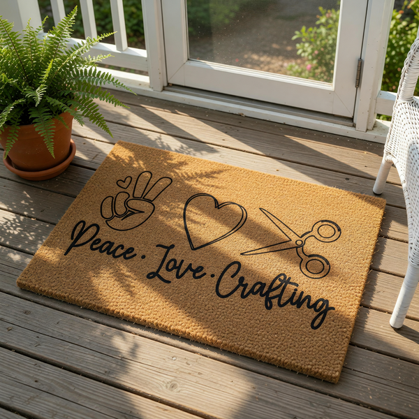 Peace Love Crafting doormat featuring a natural coir fiber texture with black printed icons of a peace sign, a heart, and scissors, making this a fun welcome mat for a craft room or a creative hobbyist home entrance decor.