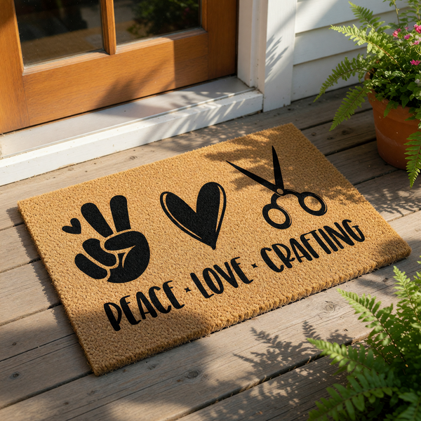 Peace Love Crafting coir doormat featuring a black printed design of a peace sign, heart, and scissors, making this durable natural fiber welcome mat a fun front porch decor choice for any creative crafter or hobby room entrance.