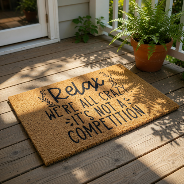 Funny Relax We Are All Crazy doormat featuring black text on a natural coir fiber welcome mat, perfect for a humorous front porch entry rug or housewarming decor that adds a playful touch to your home entrance and entryway floor.