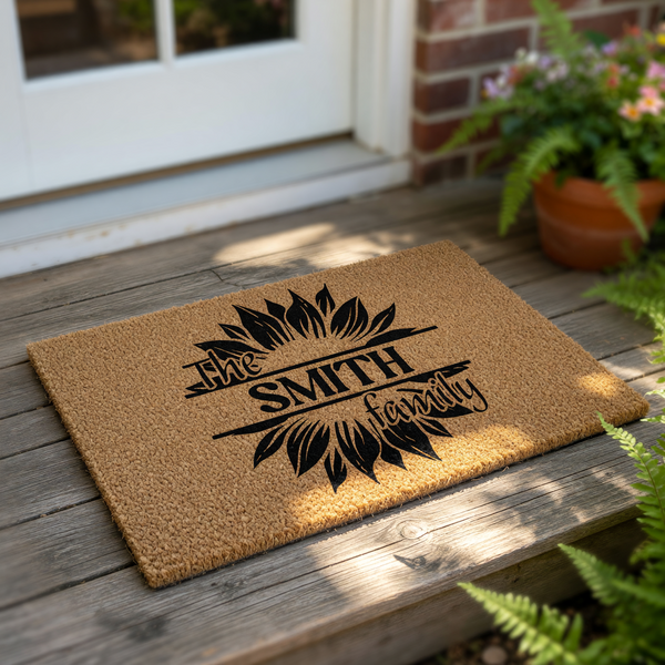 Personalized sunflower family name doormat featuring a natural coir fiber texture and a bold black floral design, this custom outdoor welcome mat is a stylish housewarming decor piece for your front porch or entryway floor.