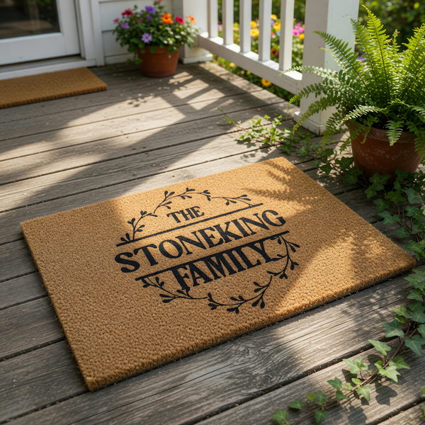 Personalized family name doormat featuring a rustic leaf wreath design on natural coir fiber, this custom welcome mat makes a stylish housewarming entry rug for your front porch or home entrance decor.