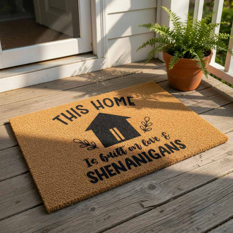Funny welcome doormat featuring a house icon and the text This Home Is Built On Love And Shenanigans, this natural coir fiber outdoor rug is a durable front porch mat that adds a humorous touch to your home entryway decor and
