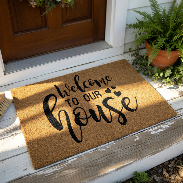 Welcome to our house doormat featuring natural coir fiber material with black script lettering and heart accents, this durable outdoor welcome mat is a stylish front porch decor piece for any home entrance or housewarming entry.