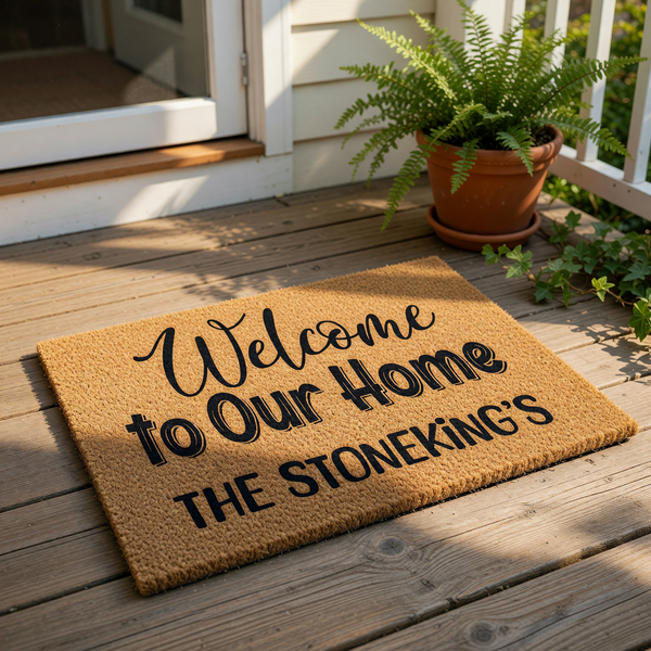Personalized family name welcome doormat featuring natural coir fiber material with black script text that reads Welcome to Our Home, a custom outdoor floor mat for front porch entryways and housewarming decor for new homeowners.