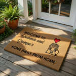 Grammie and Grampa welcome doormat featuring a cute house illustration with a red heart, perfect for a front porch entry.