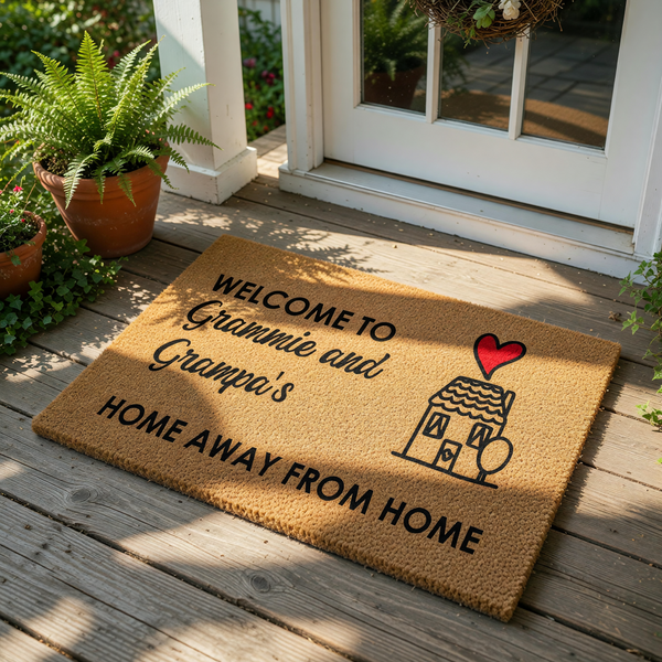 Grammie and Grampa welcome doormat featuring a cute house illustration with a red heart, perfect for a front porch entry.