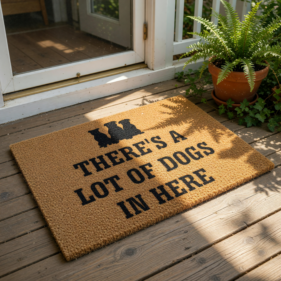 Funny dog lover doormat featuring a silhouette of three dogs and the text There's A Lot Of Dogs In Here, this natural coir fiber welcome mat is a durable outdoor rug for pet owners and a humorous housewarming gift for dog moms
