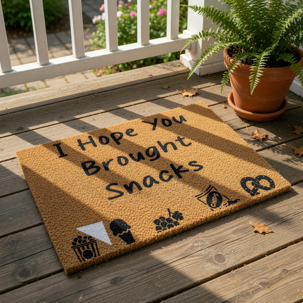 I Hope You Brought Snacks funny doormat featuring a natural coir fiber texture with black text and cute food icons like popcorn, ice cream, grapes, chips, and a pretzel for a humorous front porch welcome mat or entryway floor rug.