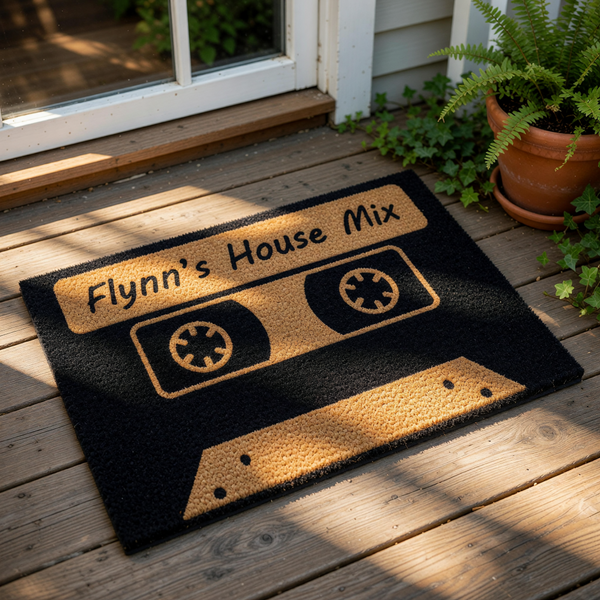 Personalized cassette tape doormat featuring a retro music design on natural coir fiber, this custom welcome mat makes a fun housewarming entry rug for any music lover looking for unique home decor for their front porch or