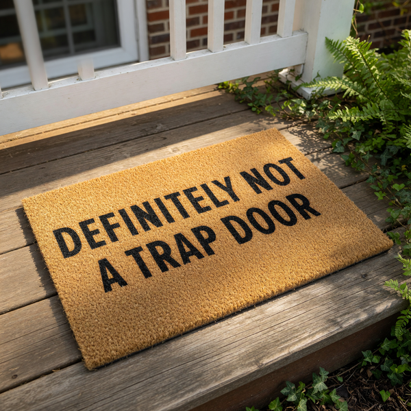 Funny doormat with the text Definitely Not A Trap Door printed in bold black letters on a natural coir fiber welcome mat, perfect for a humorous front porch entrance or a quirky housewarming gift for a home with a sense of humor.