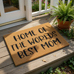 Mom doormat featuring the text Home of the Worlds Best Mom in black lettering on a natural coir fiber welcome mat, making a fun front porch decor piece for a house entrance or a thoughtful home accessory for a mother.