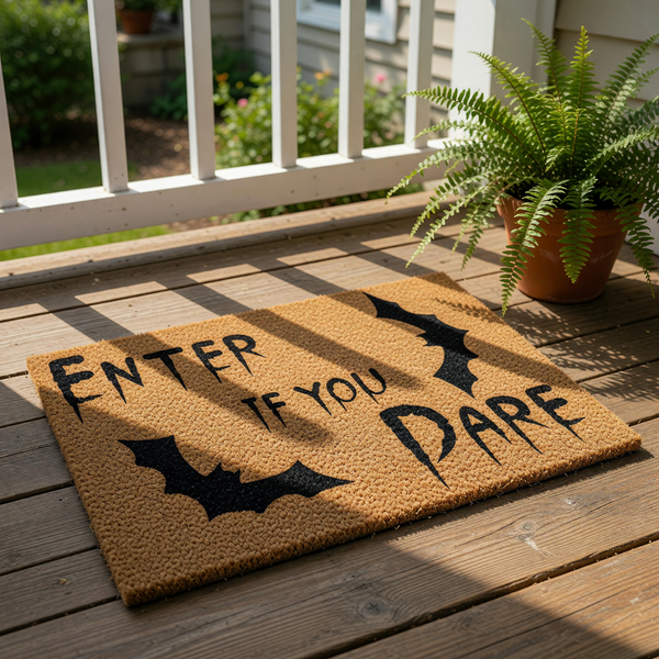 Enter If You Dare Halloween doormat featuring spooky black bat silhouettes on a natural coir fiber welcome mat, perfect for a scary front porch entryway or gothic home decor during the fall season and October holiday festivities.