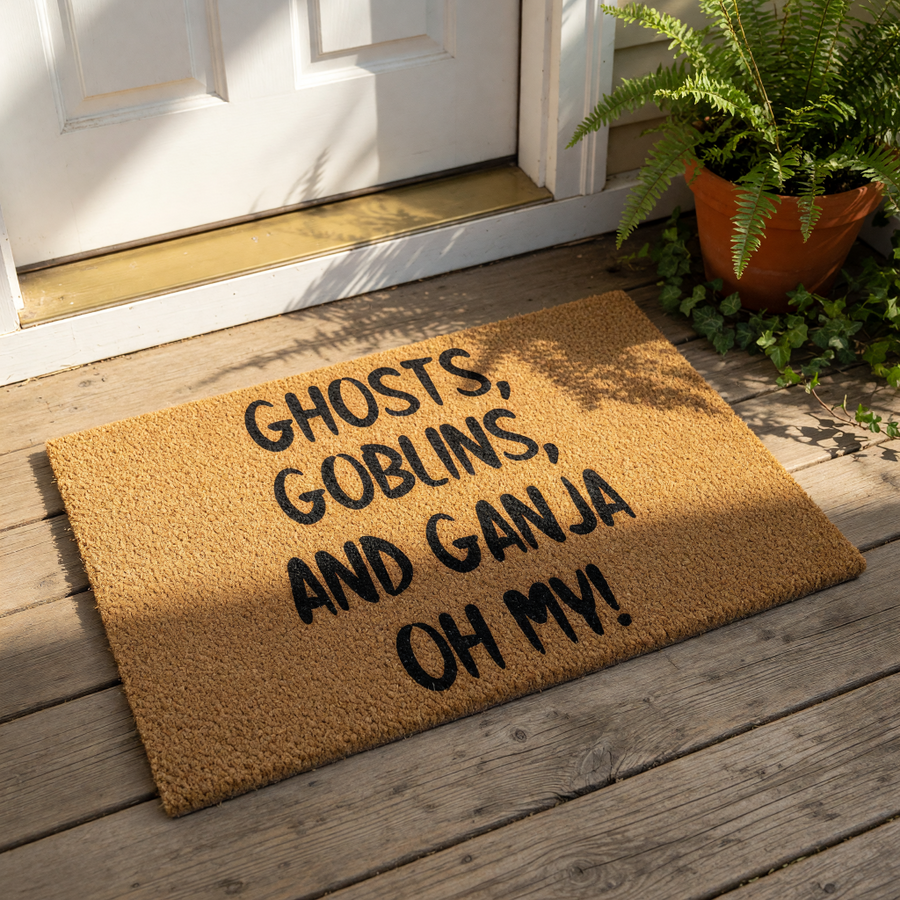 Funny Halloween doormat featuring the text Ghosts, Goblins, and Ganja Oh My printed in black on a natural coir fiber welcome mat, perfect for a spooky front porch entry or a humorous home decor statement for cannabis enthusiasts.