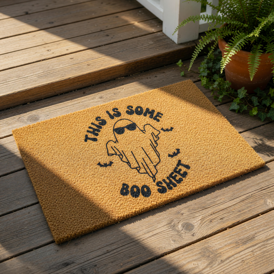 Funny Halloween doormat featuring a ghost wearing sunglasses with the text This Is Some Boo Sheet, a natural coir fiber welcome mat for your front porch decor that adds a humorous touch to your seasonal home entryway and fall