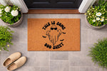Funny Halloween doormat featuring a ghost wearing sunglasses with the text This Is Some Boo Sheet, a natural coir welcome mat for your front porch decor that adds a humorous touch to your fall home entrance and seasonal entryway.