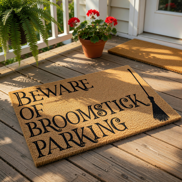 Beware of Broomstick Parking doormat featuring a whimsical witch broom graphic on natural coir fiber, making this funny outdoor welcome mat a spooky front porch decor choice for Halloween or year-round fantasy home entryway style.