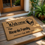 Personalized family name welcome doormat featuring a mountain arrowhead design on natural coir fiber, this custom outdoor floor mat makes a durable housewarming entry rug for any home entrance or front porch decor.