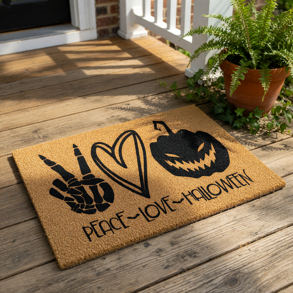 Halloween doormat featuring a skeleton hand peace sign, a heart, and a spooky jack-o-lantern pumpkin design with the text Peace Love Halloween, perfect for a fall porch decor welcome mat made of natural coir fiber material.