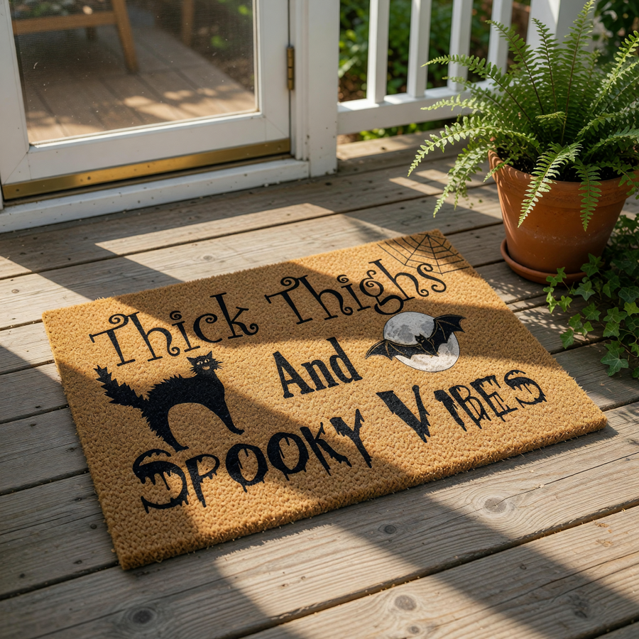 Spooky Halloween doormat featuring a black cat, bat, and moon design with the text Thick Thighs And Spooky Vibes, this natural coir welcome mat is a funny front porch rug for fall home decor and seasonal entryway floor mats.