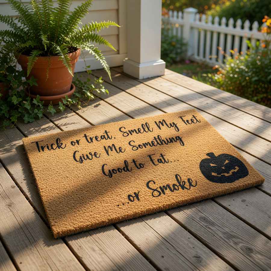 Funny Halloween doormat featuring a carved pumpkin jack-o-lantern design and the text Trick or treat, Smell My Feet, Give Me Something Good to Eat... or Smoke, perfect for a spooky front porch welcome mat or seasonal home decor.