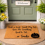 Funny Halloween doormat with Trick or Treat Smell My Feet text and a black pumpkin graphic, this natural coir fiber welcome mat is a festive outdoor porch rug for fall home decor and seasonal entryway floor covering for your
