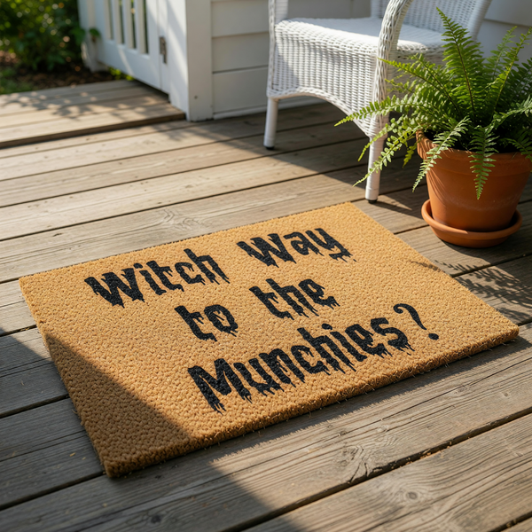 Witch Way to the Munchies doormat, a funny Halloween coir welcome mat with black dripping text on a natural fiber rug, perfect for a spooky front porch entry or a humorous fall home decor gift for a kitchen or snack lover.