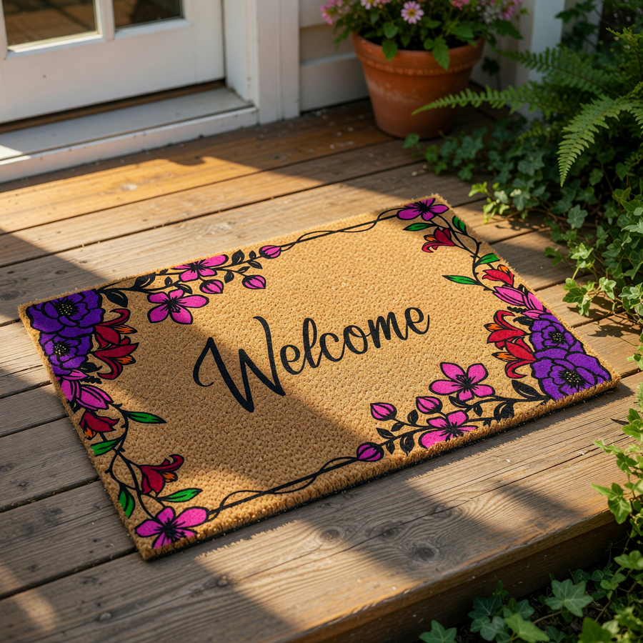 Floral welcome doormat with vibrant purple and pink flowers on a natural coir fiber mat, featuring a stylish script font for a decorative front porch entry rug that adds a colorful touch to your home entrance and outdoor decor.