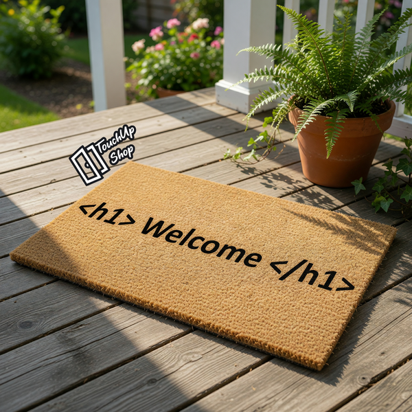 Coding welcome doormat featuring h1 tag text on natural coir fiber, this funny computer programmer welcome mat is a unique front porch decor piece for tech lovers, software developers, and web designers looking for a geeky home