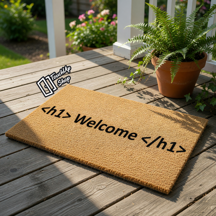 Coding welcome doormat featuring h1 tag text on natural coir fiber, this funny computer programmer welcome mat is a unique front porch decor piece for tech lovers, software developers, and web designers looking for a geeky home