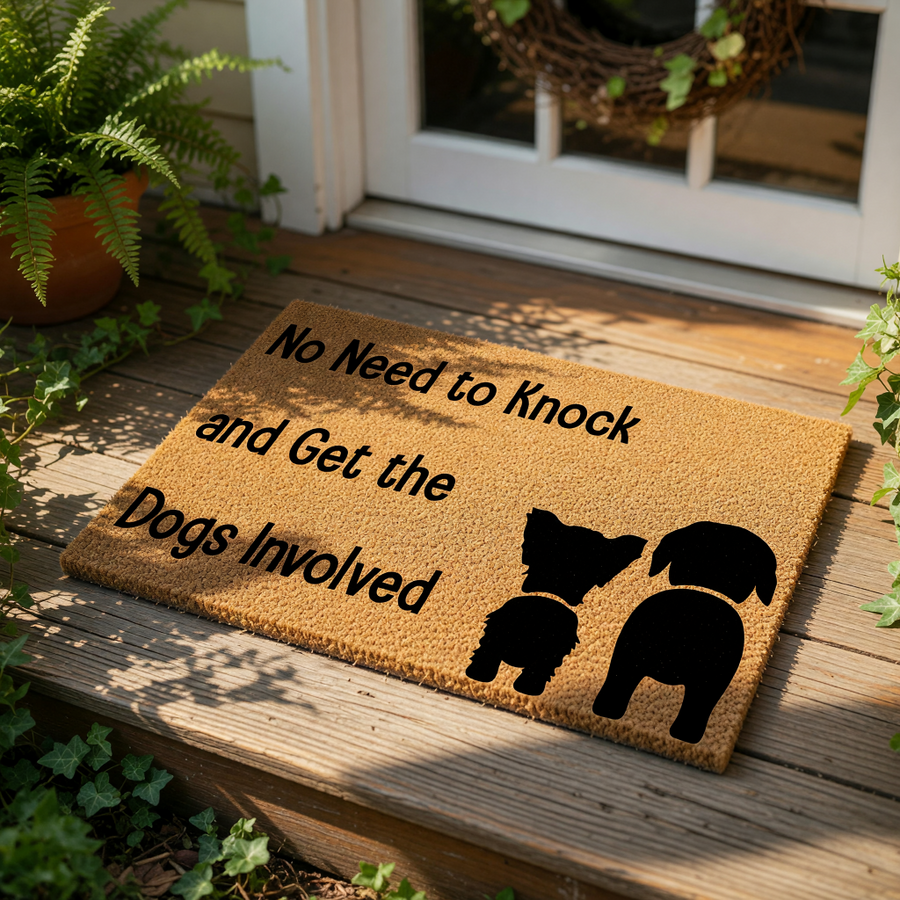 No Need to Knock and Get the Dogs Involved doormat featuring two black dog silhouettes on a natural coir fiber welcome mat, a funny pet lover front porch rug that warns visitors about barking dogs and home security for dog owners.