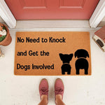 Funny dog welcome doormat with No Need to Knock and Get the Dogs Involved text and two dog silhouettes, featuring a natural coir fiber material for a front porch entry, perfect for pet lovers and home decor enthusiasts seeking a