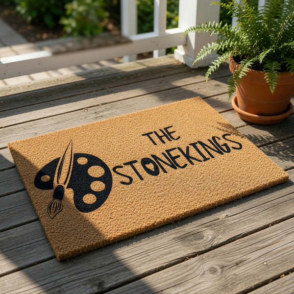 Personalized artist family name doormat featuring a black paint palette and brush graphic on a natural coir fiber welcome mat, perfect for a creative home entrance or custom housewarming decor for an artist family.
