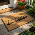Funny Beware of Wife doormat with humorous text that says dog is friendly, featuring a natural coir fiber welcome mat design for your front porch entry that makes a great housewarming gift for dog lovers and pet owners.
