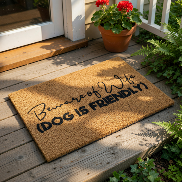 Funny Beware of Wife doormat with humorous text that says dog is friendly, featuring a natural coir fiber welcome mat design for your front porch entry that makes a great housewarming gift for dog lovers and pet owners.
