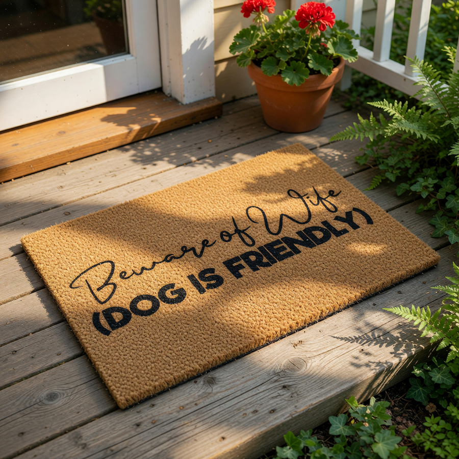 Funny Beware of Wife doormat with humorous text that says dog is friendly, featuring a natural coir fiber welcome mat design for your front porch entry that makes a great housewarming gift for dog lovers and pet owners.