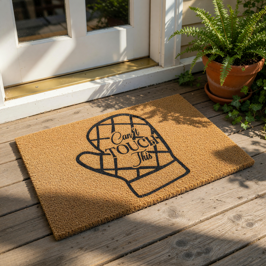 Can't Touch This oven mitt doormat, a funny kitchen themed coir welcome mat with a black oven mitt graphic and bold text, perfect for a home entryway, front porch decor, or a housewarming present for a baker or cooking enthusiast.