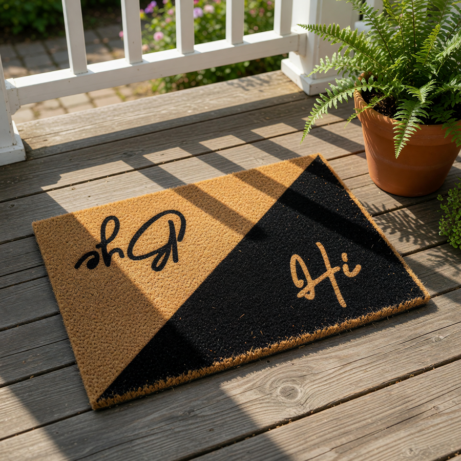 Hi Bye doormat featuring a split design with natural coir fiber and a black painted section, this funny front porch welcome mat uses modern script lettering to greet guests and say goodbye at your home entrance or apartment door.